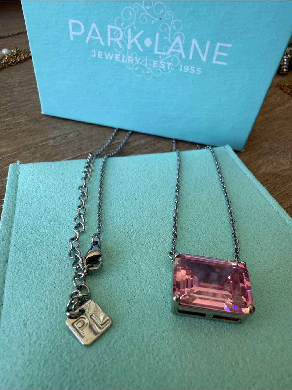 Park Lane Silver-Tone Necklace with Rectangular Pink Crystal